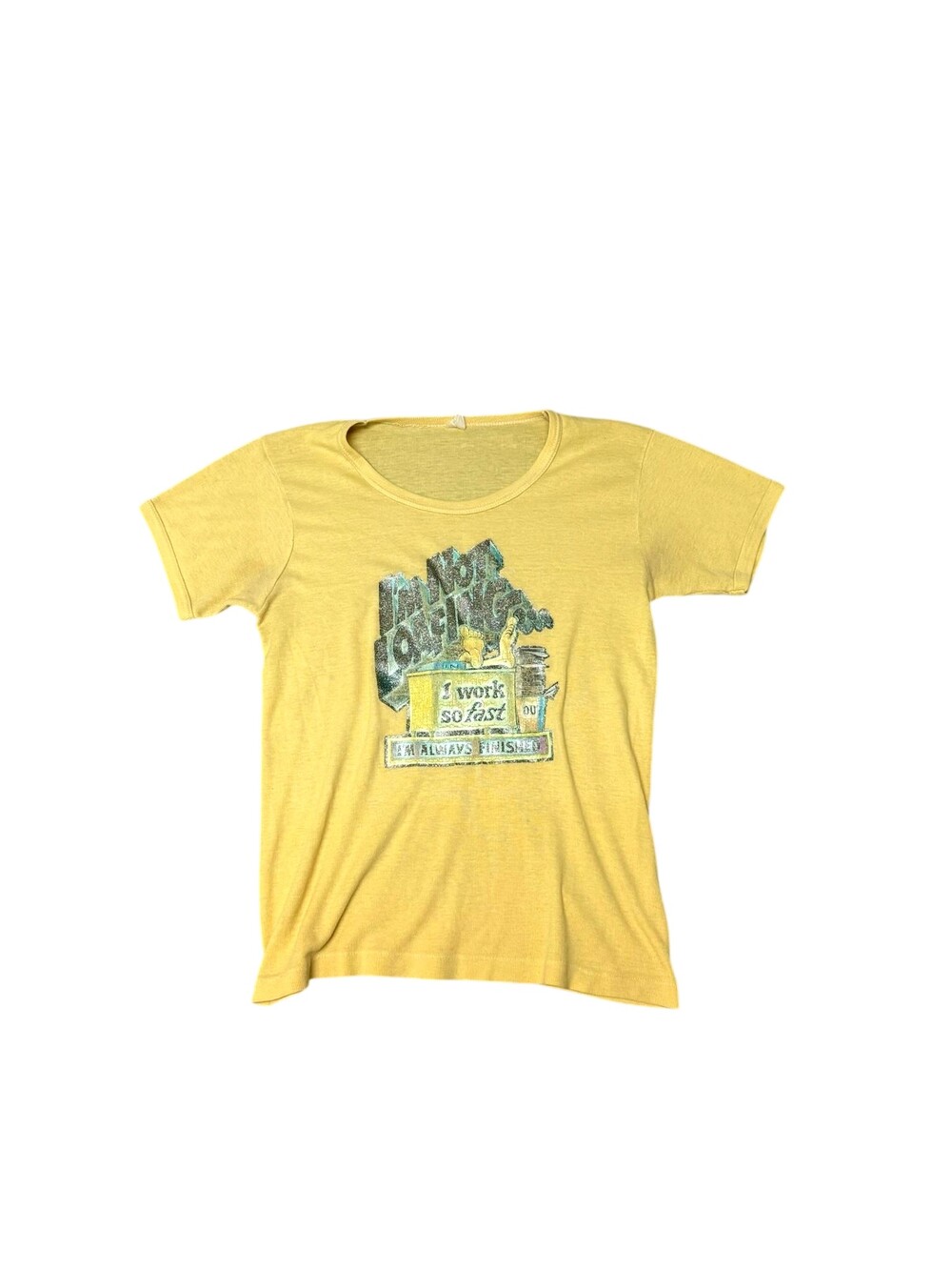 Vintage 70s Work Humor Shirt Womens XS Yellow Glitter Graphic Tee Retro Funny